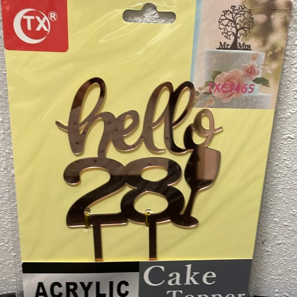 CTX Acrylic Hello 28 Cake Topper - Rose Gold Acrylic Decoration NIP 7” H X 5” W